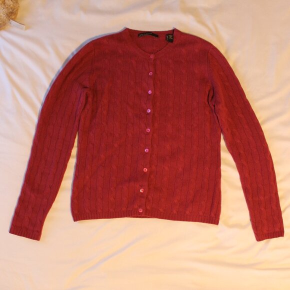 Lord & Taylor Magenta 100% Cashmere Cardigan Buttons Medium Cable Knit Two Ply - Picture 1 of 8